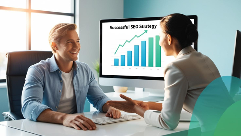 An SEO specialist discusses a successful SEO strategy with a female client.