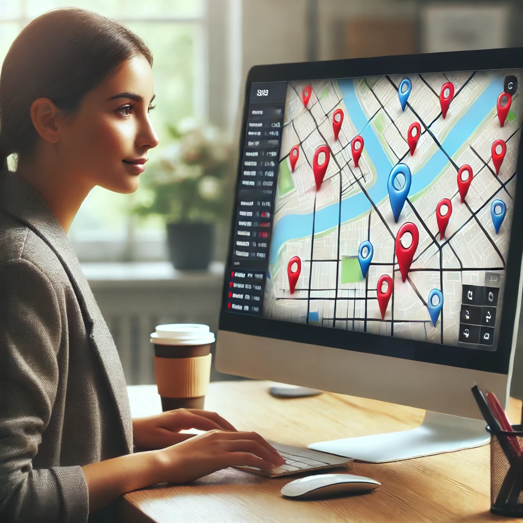 A woman sitting at her desk, looking at a computer screen displaying Google Maps business locations with multiple location pins. 