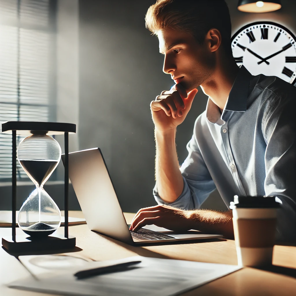 A person sitting in front of a laptop, looking at the screen with a focused expression. A large clock or hourglass is visible nearby, symbolizing the passing of time whilst the website is loading.